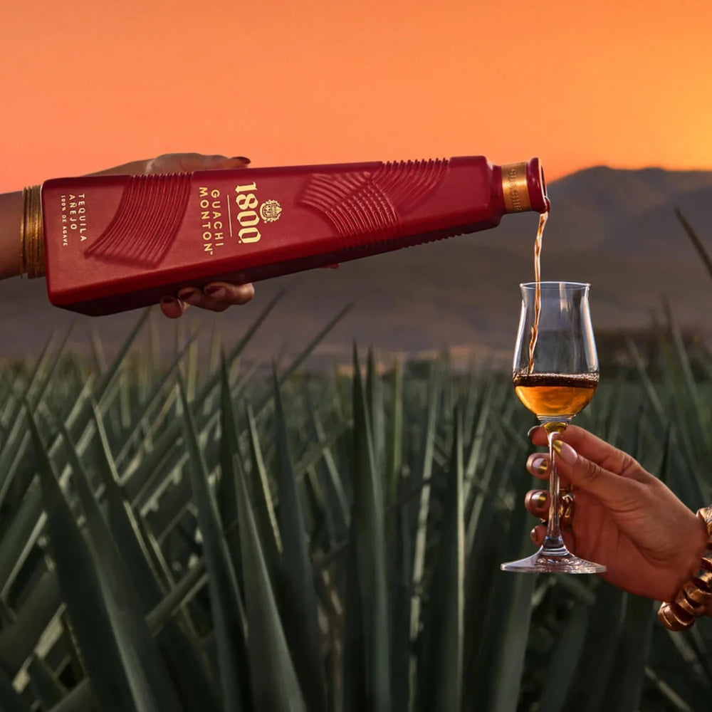 1800 Guachimonton Tequila Anejo Poured into a Glass in a Agave Field