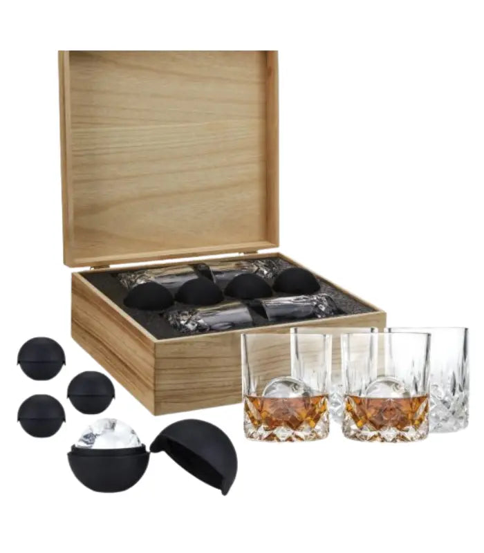 8-piece Crystal Liquor Glass and Ice Sphere Wood Box Set by Viski