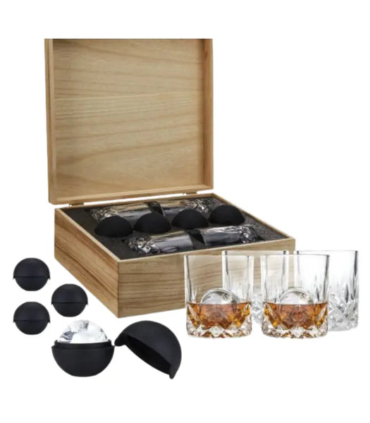 8-piece Crystal Liquor Glass Ice Sphere Wood Box Set | The Barrel Tap