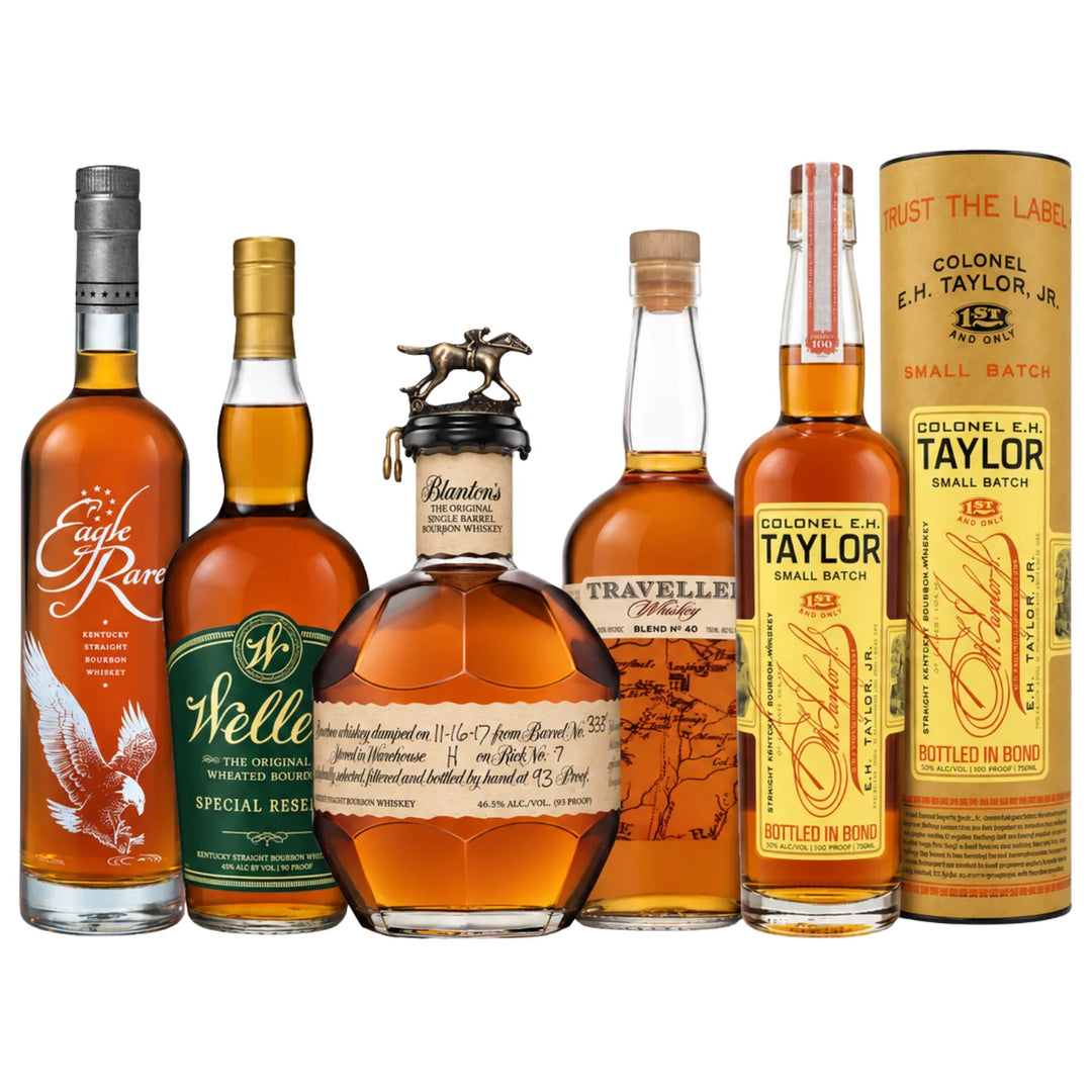 5 Bottle Bundle of Eagle Rare 10 Year Bourbon, Weller Special Reserve Bourbon, Blanton's Single Barrel Bourbon, Traveller's Blend No.40 Whiskey, and E.H. Taylor Small Batch Bourbon