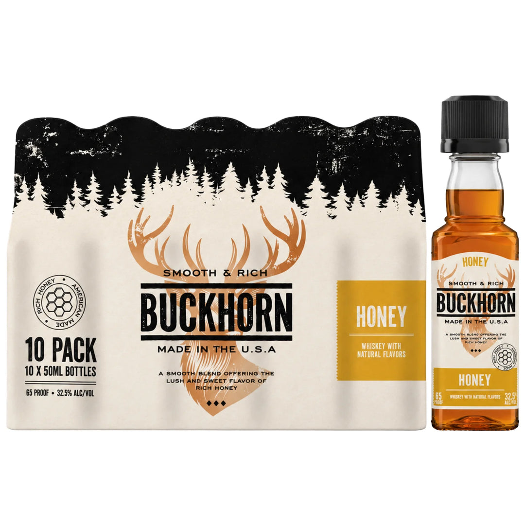 Buckhorn Honey Whiskey Miniature Bottles 50mL Sleeve of 10 with a shot of it  outside 