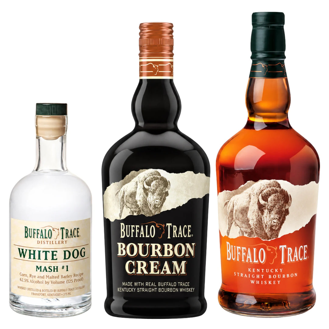3 bottles of Buffalo Trace White Dog Mash #1, Buffalo Trace Bourbon Cream, and Buffalo Trace Kentucky Straight Bourbon Whiskey