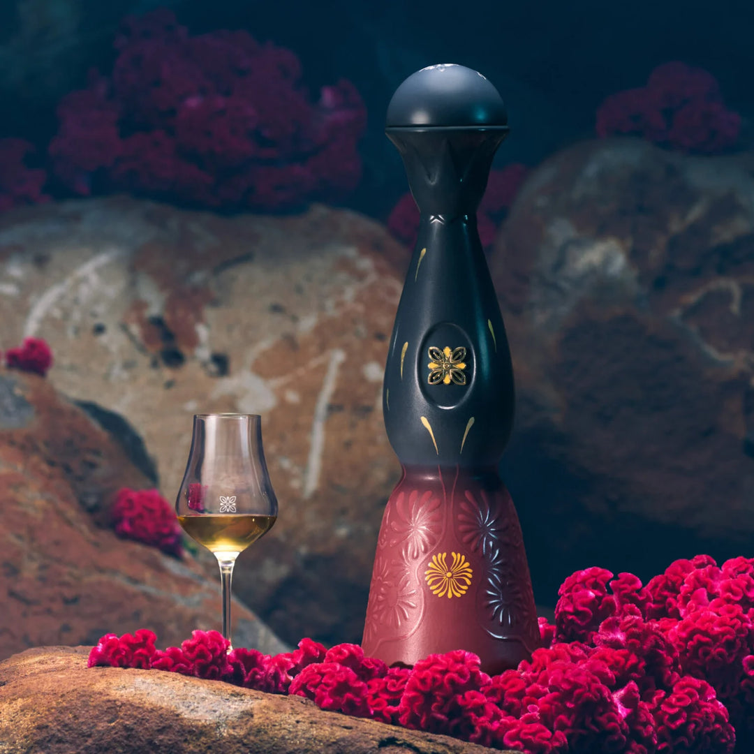 Clase Azul Dia De Muertos Trascender 2026 Limited Edition Anejo Tequila 1L bottle with a flute glass filled with tequila