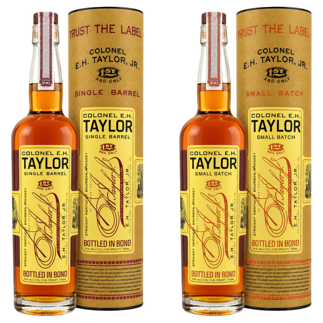 2 Bottles and 2 Tubes of Colonel E.H. Taylor Single Barrel and Small Batch Bourbon