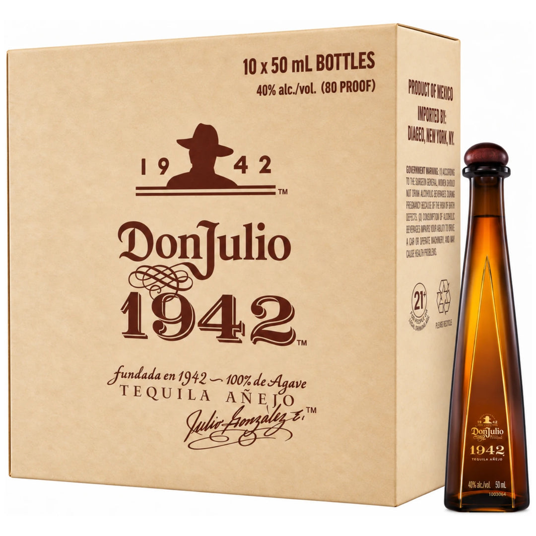 10 Pack Box of Don Julio 1942 Tequila Anejo 50mL miniature bottles 