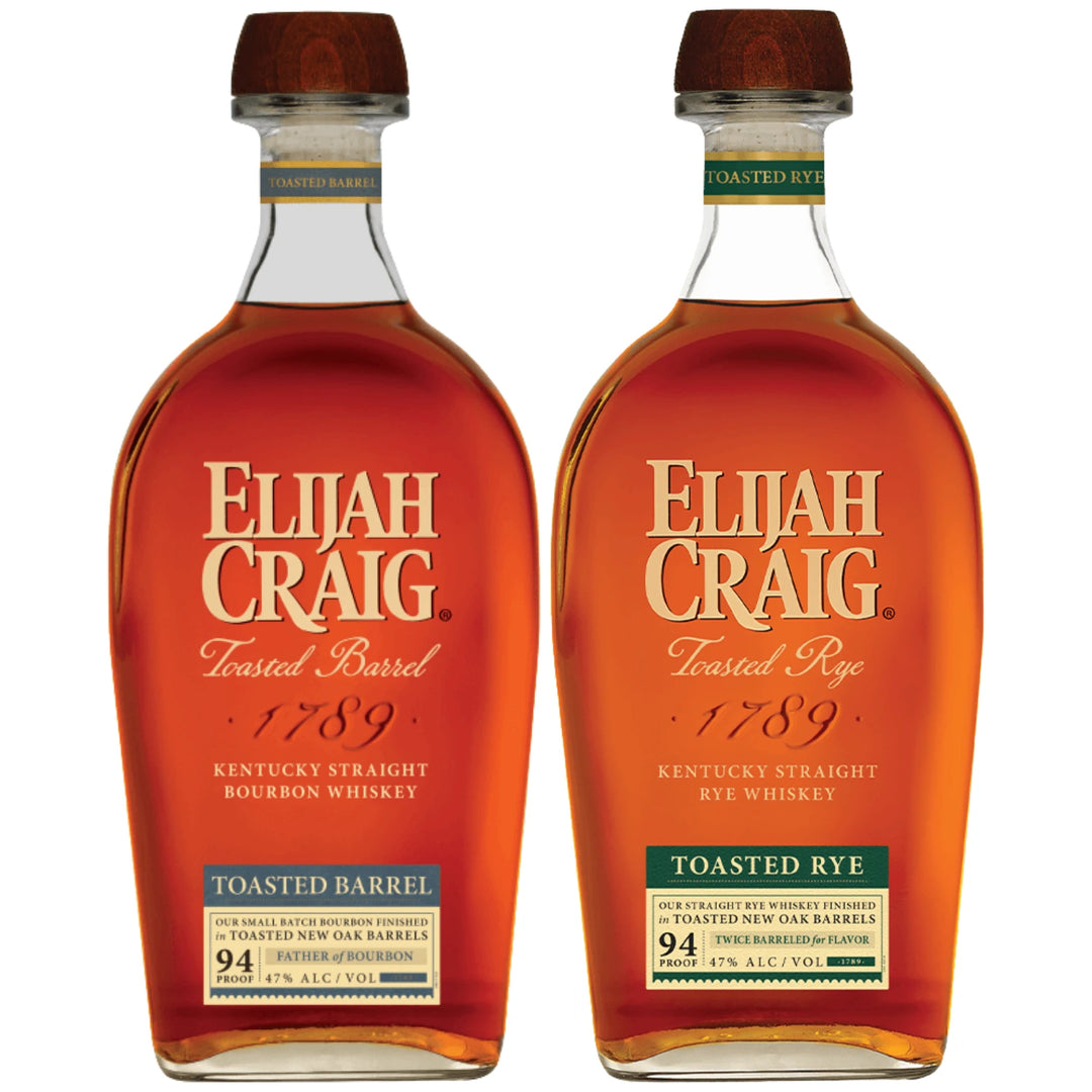 Bottle of Elijah Craig Toasted Barrel Bourbon Whiskey and a bottle of Elijah Craig Toasted Rye Whiskey