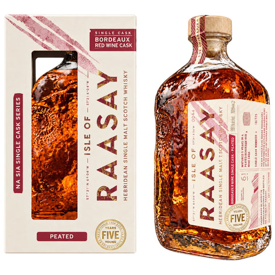 Isle of Raasay Single Cask Series Peated Bordeaux Red Wine Scotch Whisky Bottle and Box