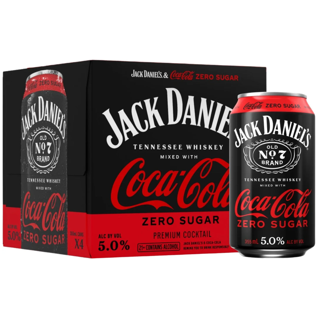 Jack Daniel's Zero-Sugar Coca-Cola RTD 4 Pack Cans with one can outside to showcase what each can looks like