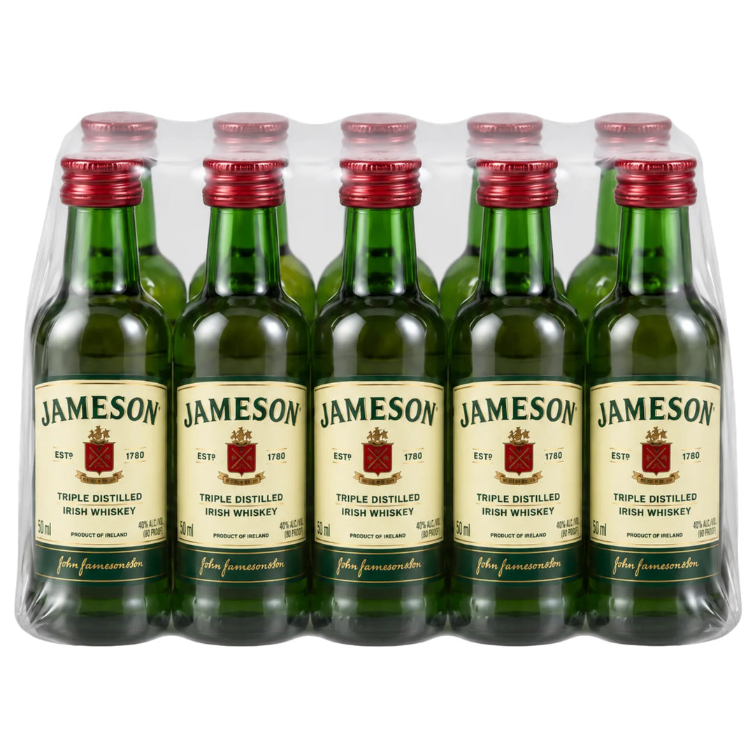 10 50mL bottles of Jameson Irish Whiskey in a plastic sleeve