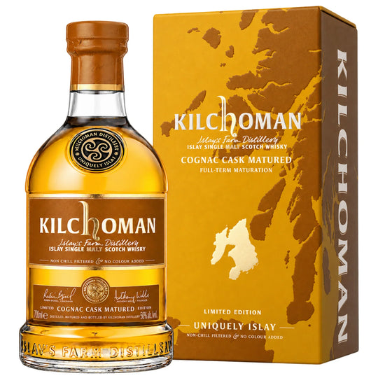 Kilchoman Cognac Cask Matured Single Malt Scotch Whisky Bottle and Box