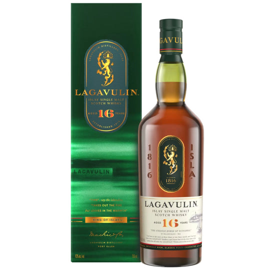 Lagavulin 16 Year Single Malt Scotch Whisky 750mL with its Lagavulin 16 Year Single Malt Scotch Whisky Box