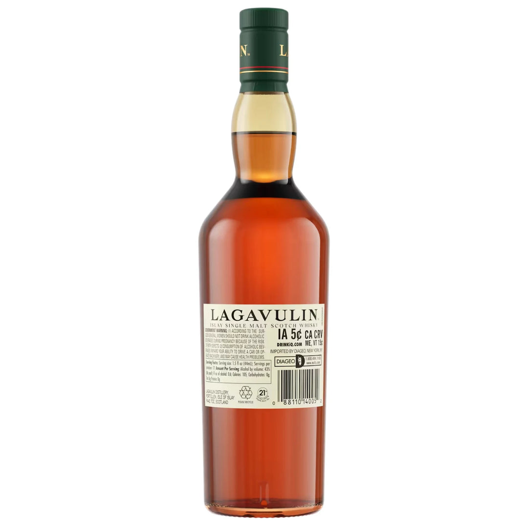 Back of a bottle of Lagavulin 16 Year Single Malt Scotch Whisky 750mL