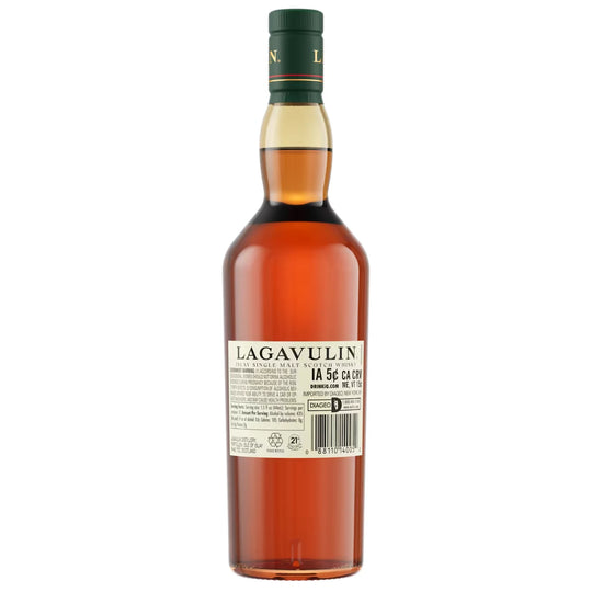 Back of a bottle of Lagavulin 16 Year Single Malt Scotch Whisky 750mL