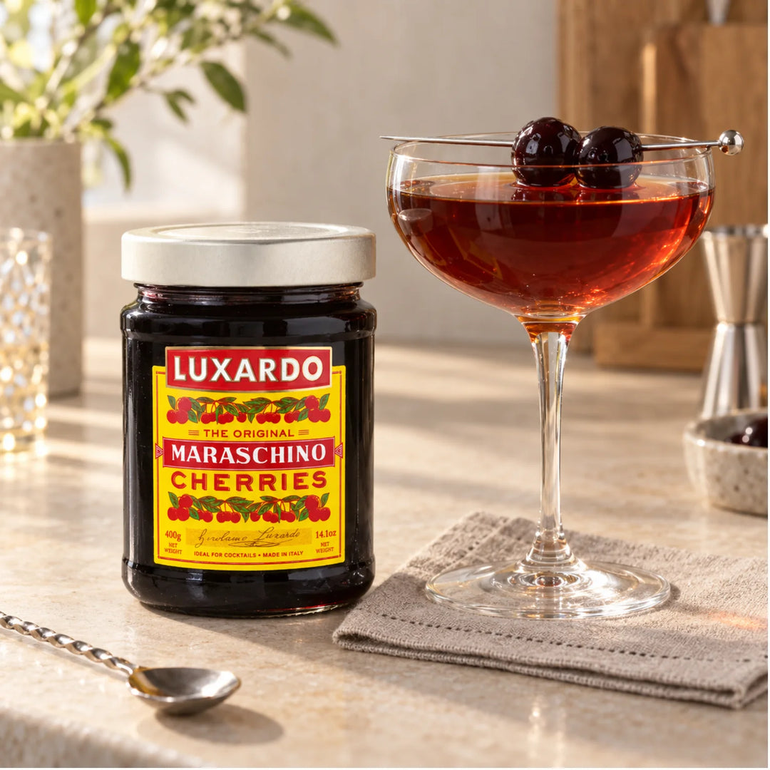 Luxardo The Original Maraschino Cherries Jar with a Manhattan Cocktail