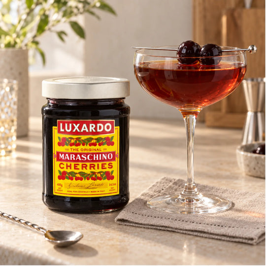 Luxardo The Original Maraschino Cherries Jar with a Manhattan Cocktail