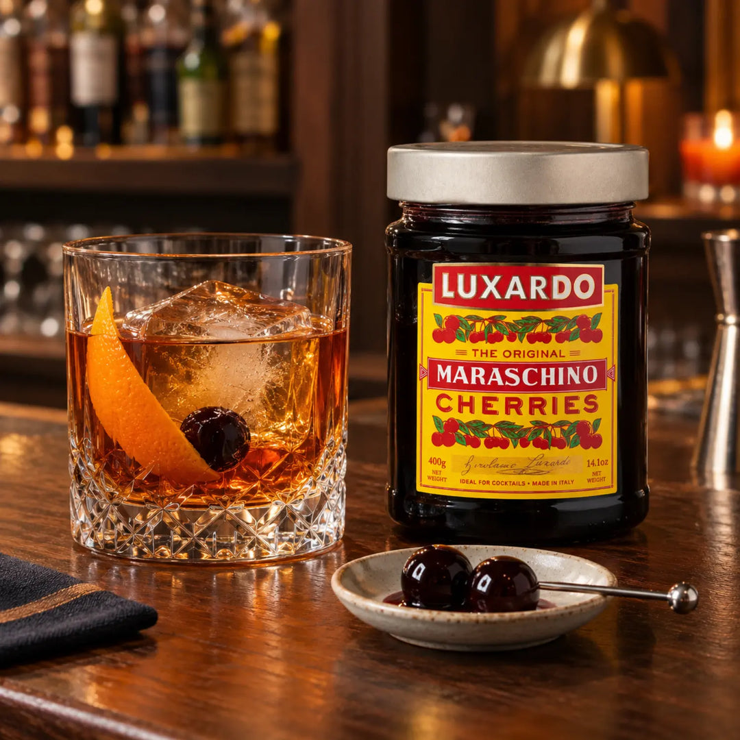 Luxardo The Original Maraschino Cherries Jar with an Old Fashioned Cocktail