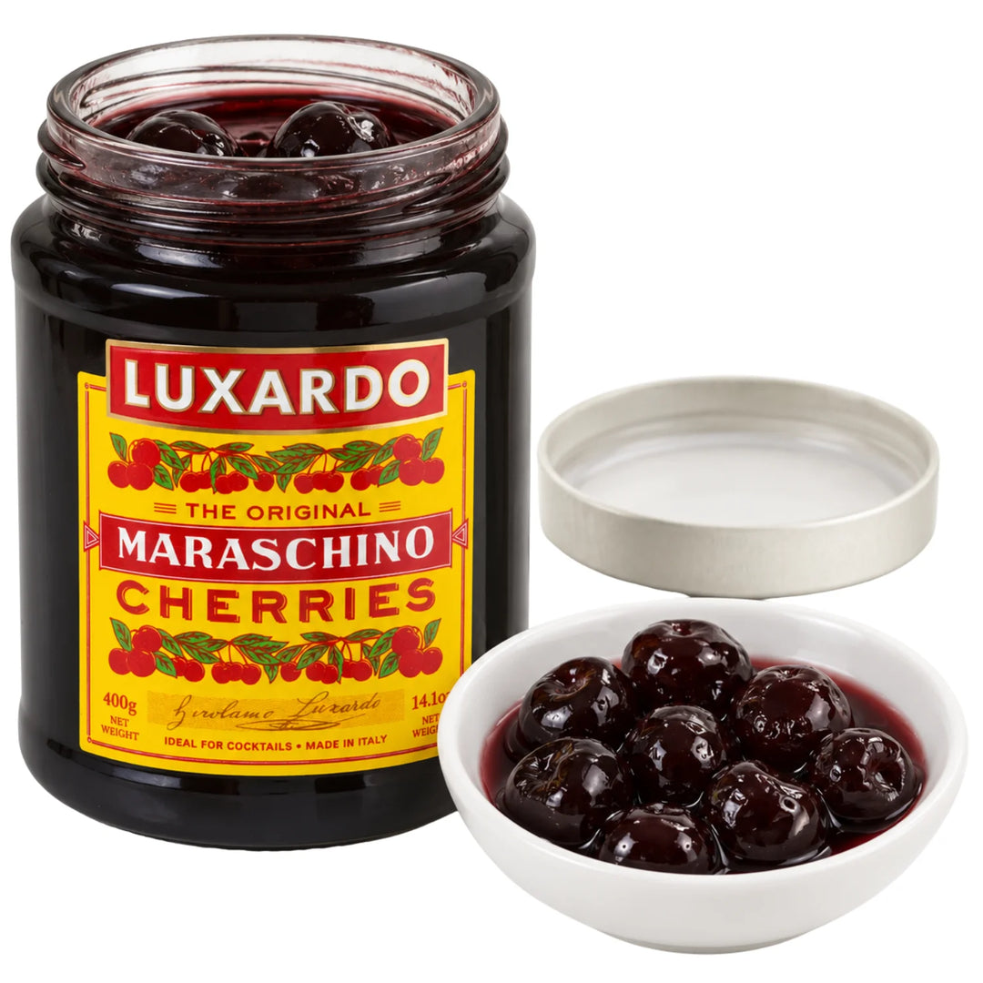 Luxardo The Original Maraschino Cherries Jar opened up to showcase the cherries out of the jar
