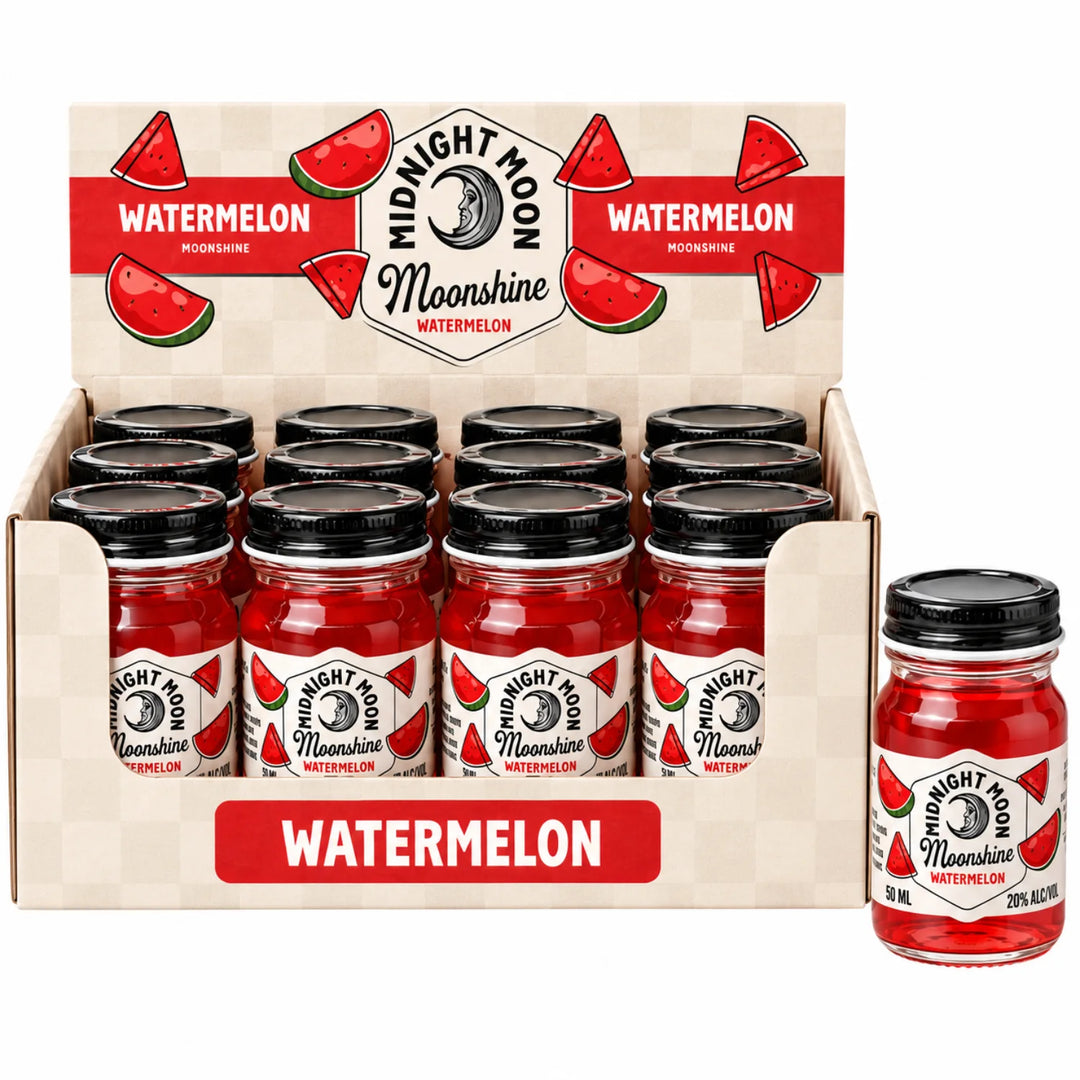Case of Midnight Moon Watermelon Moonshine Minis (12 x 50mL) and an extra 50mL to showcase what each 50mL bottle looks like