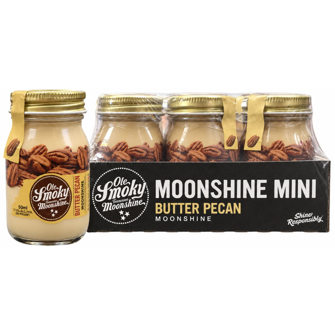 6 Pack of Ole Smoky Butter Pecan Moonshine Mini Jar Bottles, one outside to showcase the jar