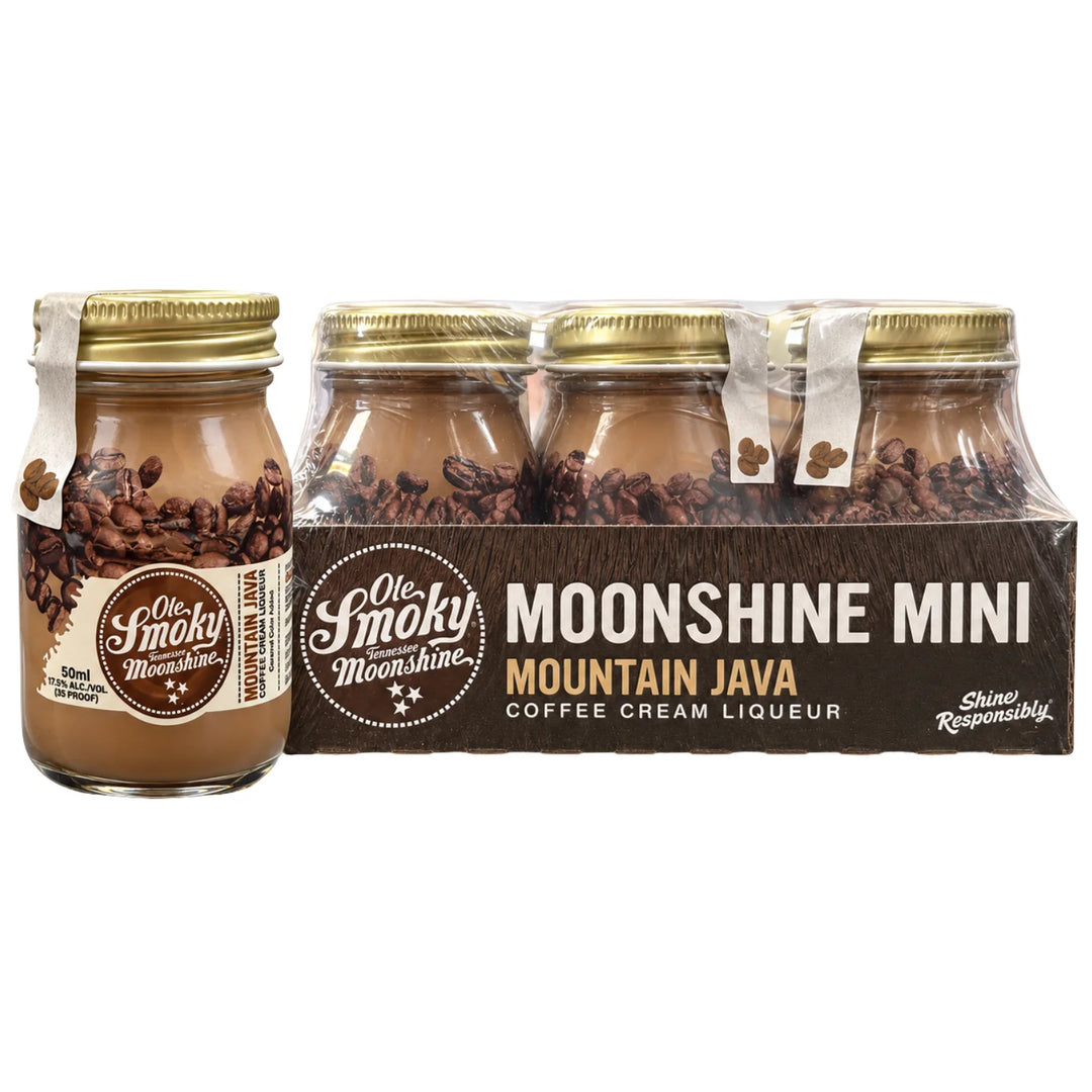 A pack of six 'Old Smoky Moonshine' Mini Mountain Java coffee cream liqueur bottles, with one bottle displayed in front of the six-pack carton on a white background.