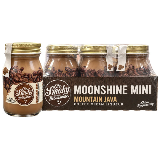 A pack of six 'Old Smoky Moonshine' Mini Mountain Java coffee cream liqueur bottles, with one bottle displayed in front of the six-pack carton on a white background.