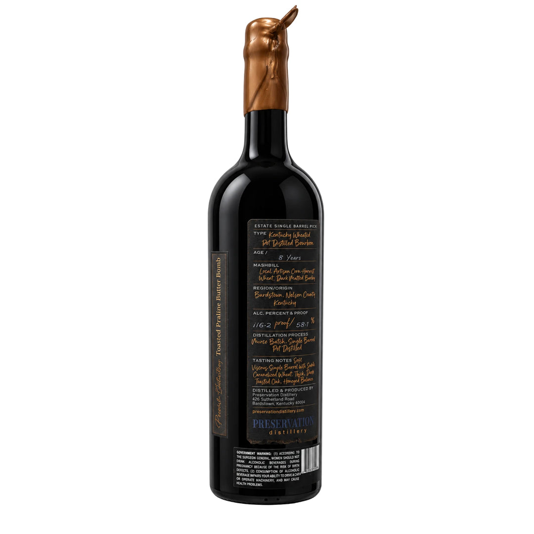 Back of Preservation 8 Year Old Wheated Pot Distilled Bourbon Toasted Praline Butter Bomb 750mL