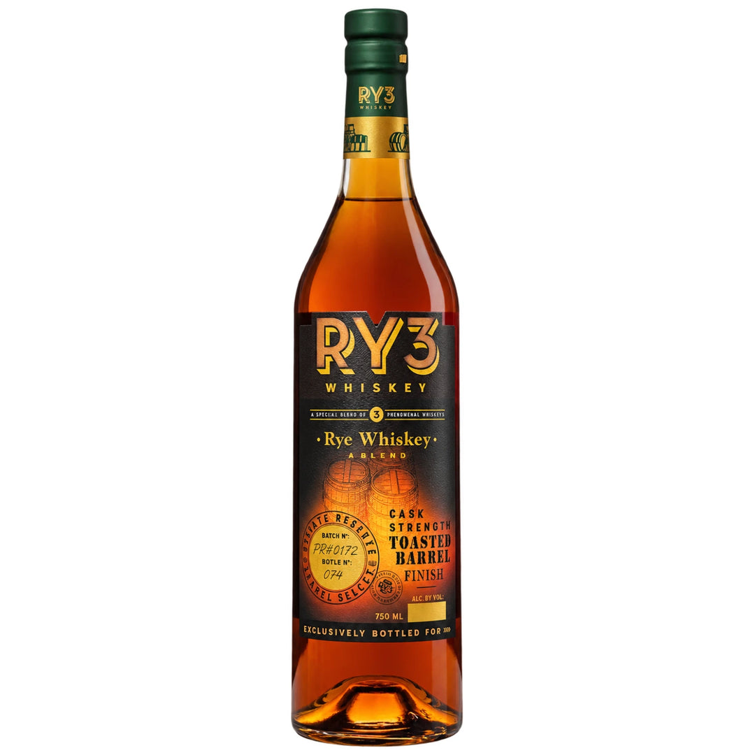 Bottle of Ry3 Cask Strength Toasted Barrel Finish Rye Whiskey