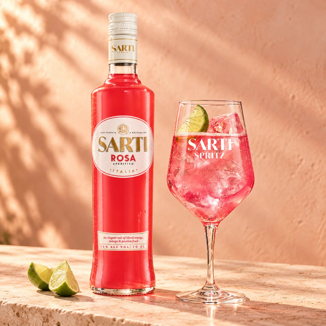 Bottle of Bottle of Sarti Rosa Aperitivo with a Sarti Spritz Cocktail