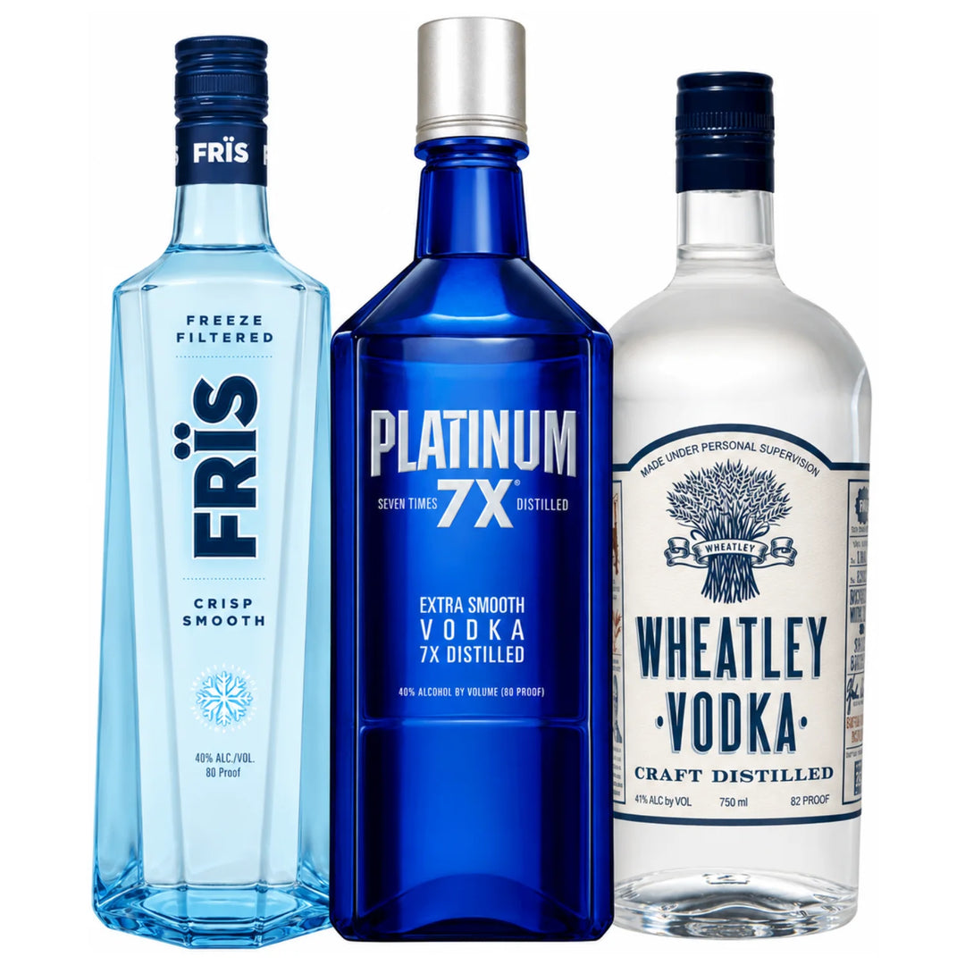 3 Bottle of Sazerac Owned Vodka: Fris Vodka 750mL, Platinum 7x Vodka 750mL, and Wheatley Vodka 750mL