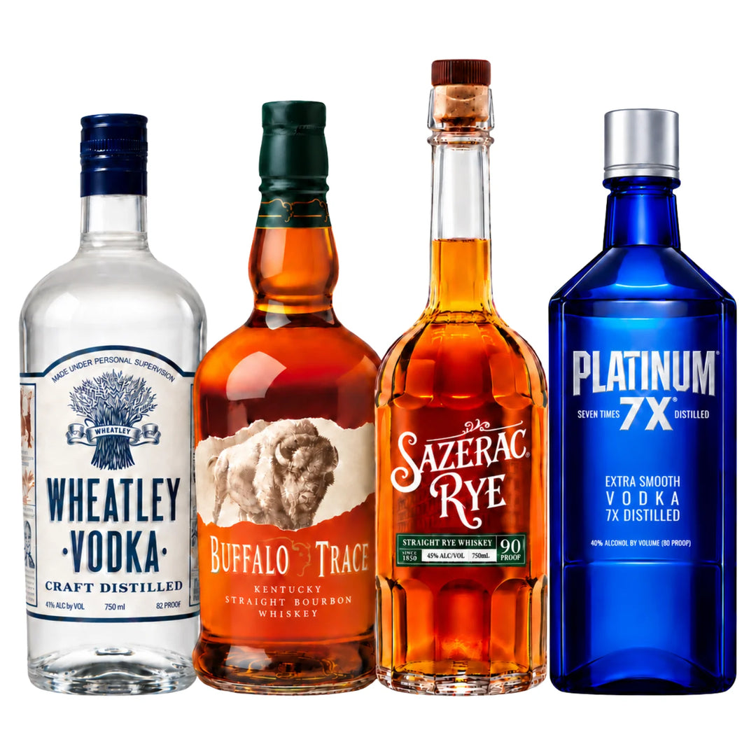4 Bottles of Wheatley Vodka 750mL, Buffalo Trace Bourbon 750mL, Sazerac Rye Whiskey 750mL, and Platinum 7x Vodka 750mL
