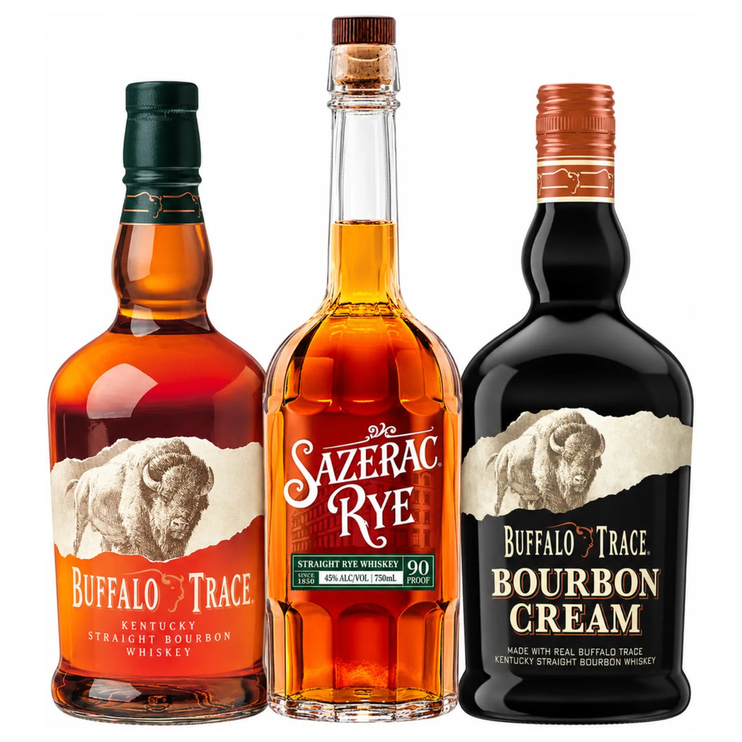 3 bottles of Buffalo Trace Kentucky Straight Bourbon Whiskey, Sazerac Straight Rye Whiskey, and Buffalo Trace Bourbon Cream