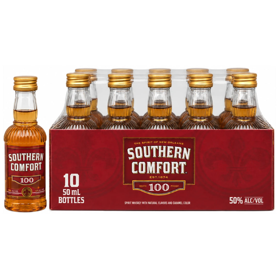12 Pack of Mini Bottle 50mL of Southern Comfort 100 Proof Whiskey and one 50mL on the side to showcase the bottle.