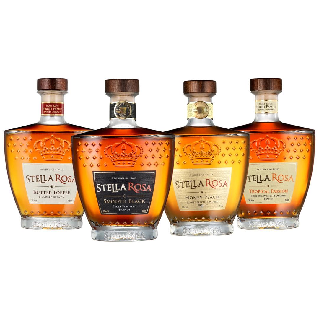 4-Bottle Stella Rosa Brandy Bundle, One bottle of Stella Rosa Butter Toffee Flavored Brandy, Stella Rosa Smooth Black Blackberry Flavored Brandy, Stella Rosa Honey Peach Flavored Brandy, and Stella Rosa Tropical Passion Flavored Brandy