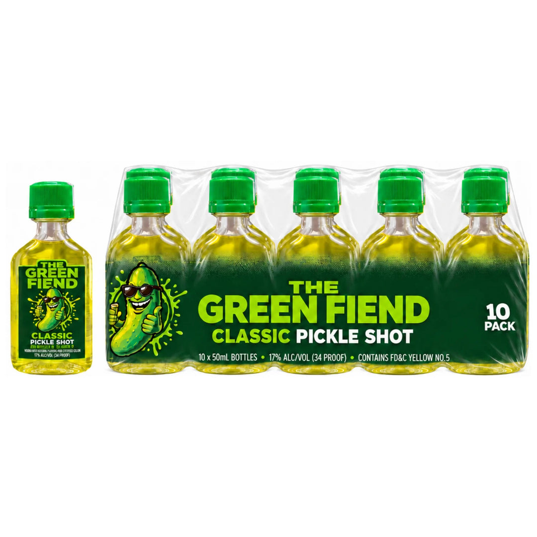 10 Pack of 50mL The Green Fiend Classic Pickle Shots in a sleeve and a 50mL shot of The Green Fiend Classic Pickle to showcase the bottle