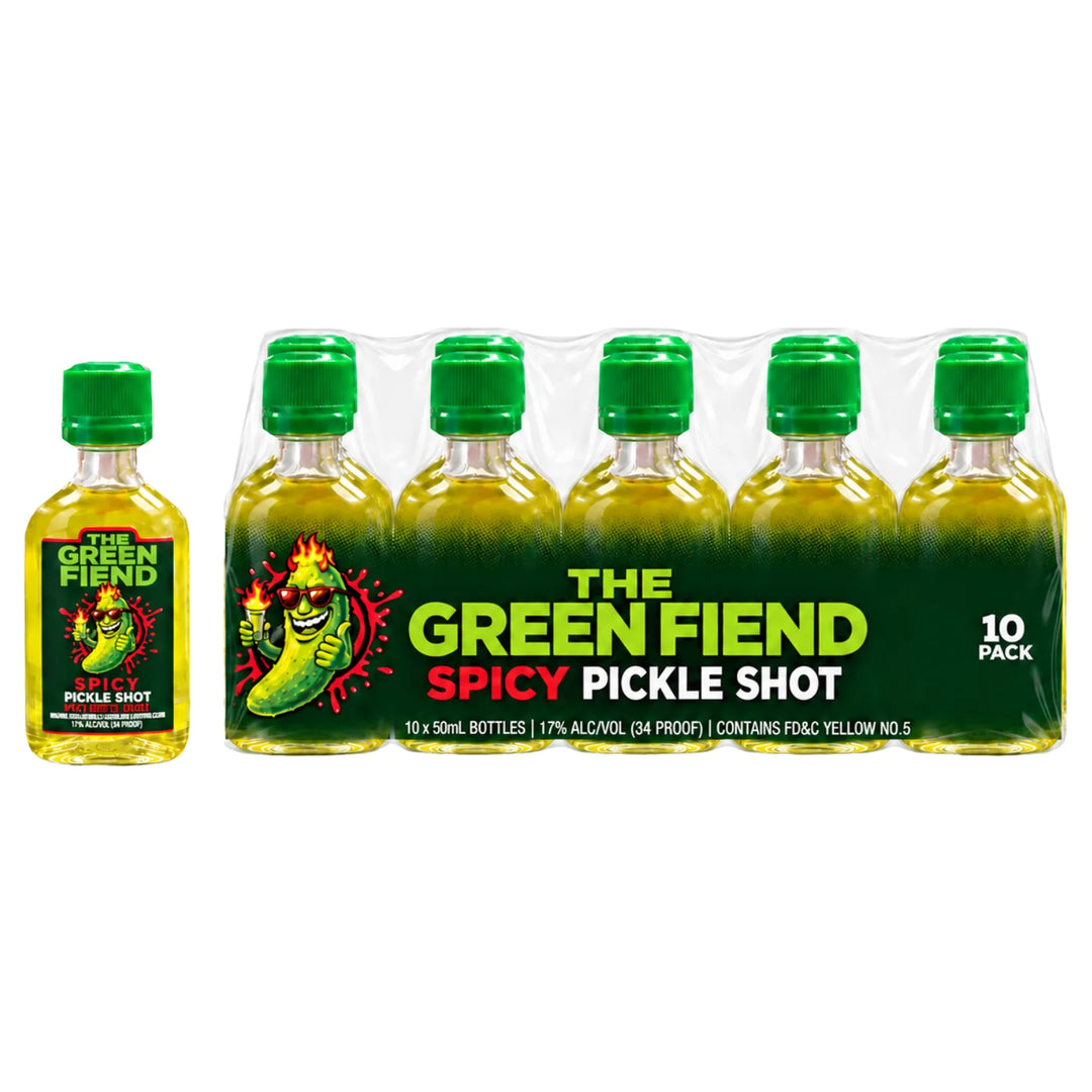 10 Pack of 50mL The Green Fiend Spicy Pickle Shots in a sleeve and a 50mL shot of The Green Fiend Spicy Pickle to showcase the bottle