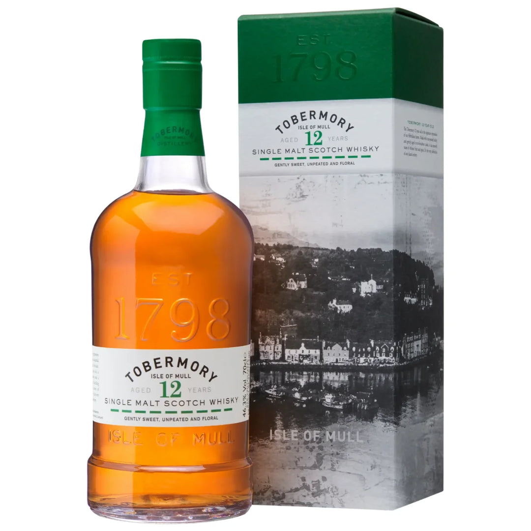 Bottle and Box of Tobermory 12 Year Single Malt Scotch Whisky 