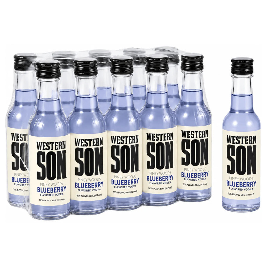 Sleeve of Western Son Blueberry Vodka Minis and one 50mL shooter outside the sleeve to showcase the item