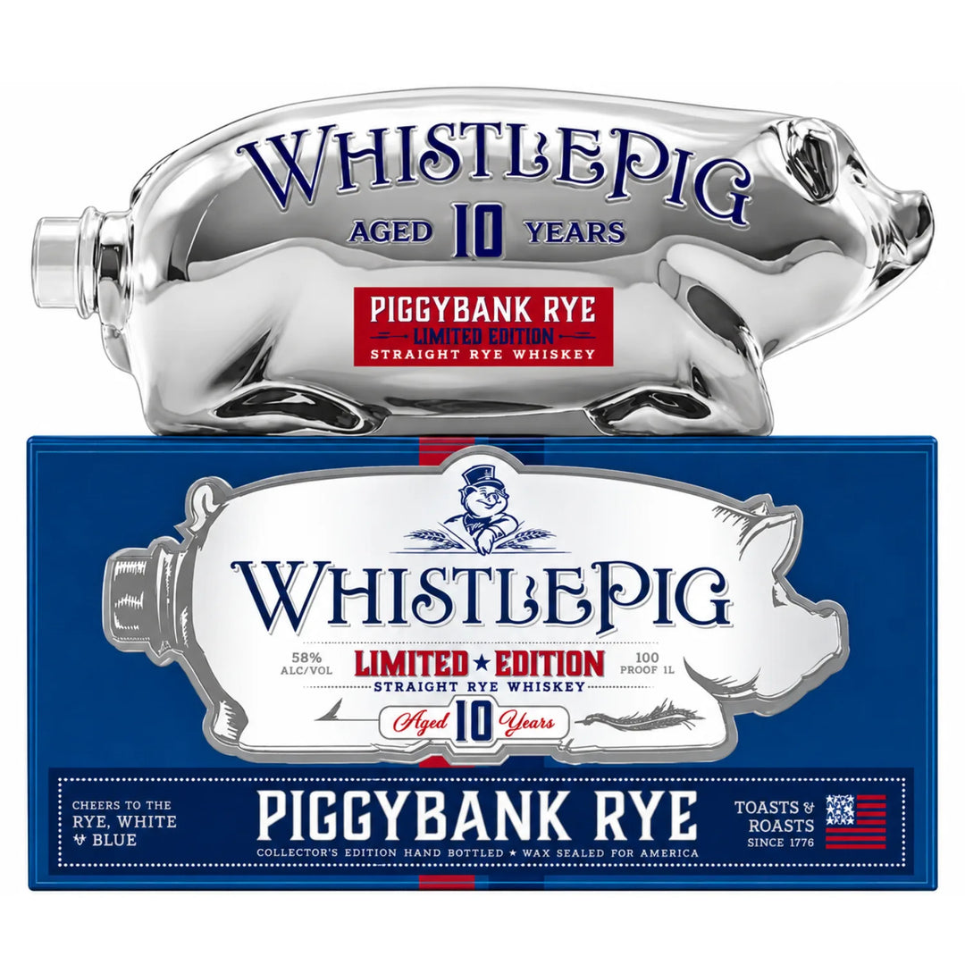 Bottle and Box of WhistlePig 10 Year Piggybank Rye, White, and Blue Limited Edition 1L
