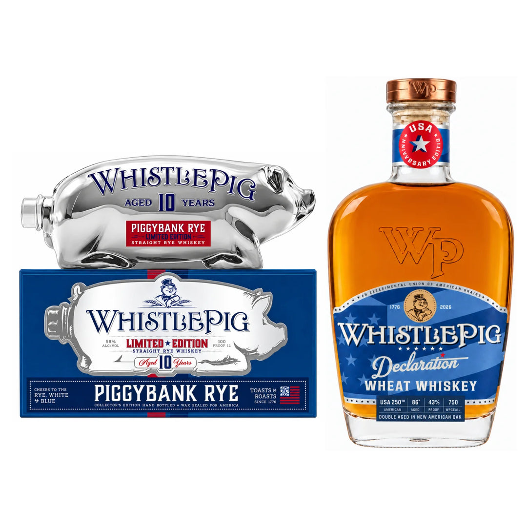 Bottles of WhistlePig America's 250th Anniversary Piggybank & Declaration Whiskey