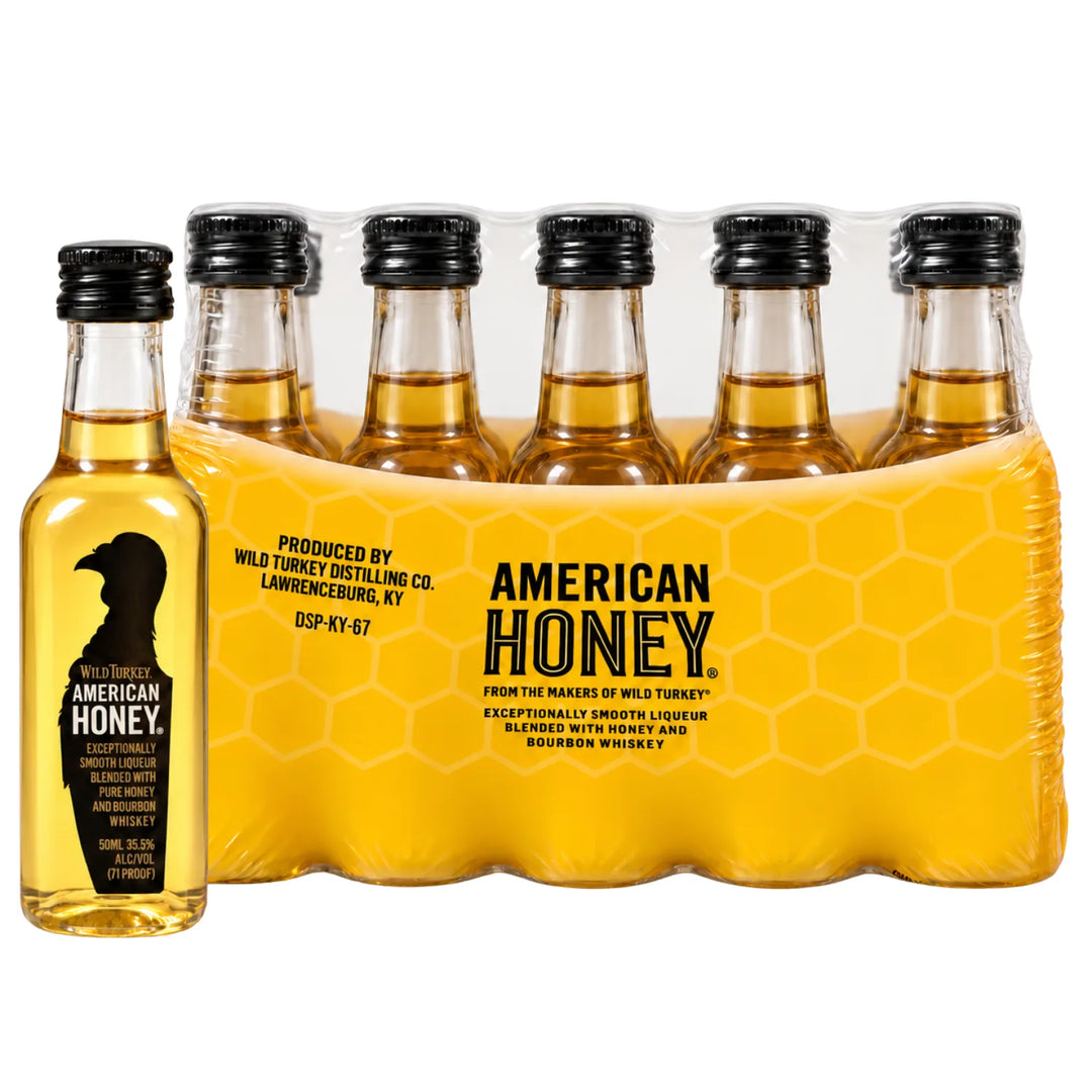 Wild Turkey American Honey Whiskey Mini Bottles Sleeve with a shot of Wild Turkey American Honey Mini Bottle 50mL to showcase what's inside