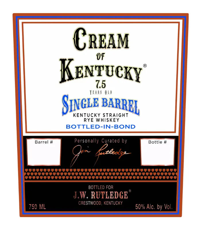 Buy J. W. Rutledge Cream of Kentucky 7.5 Year Single Barrel Bottled-In-Bond Rye 750mL Online - The Barrel Tap Online Liquor Delivered